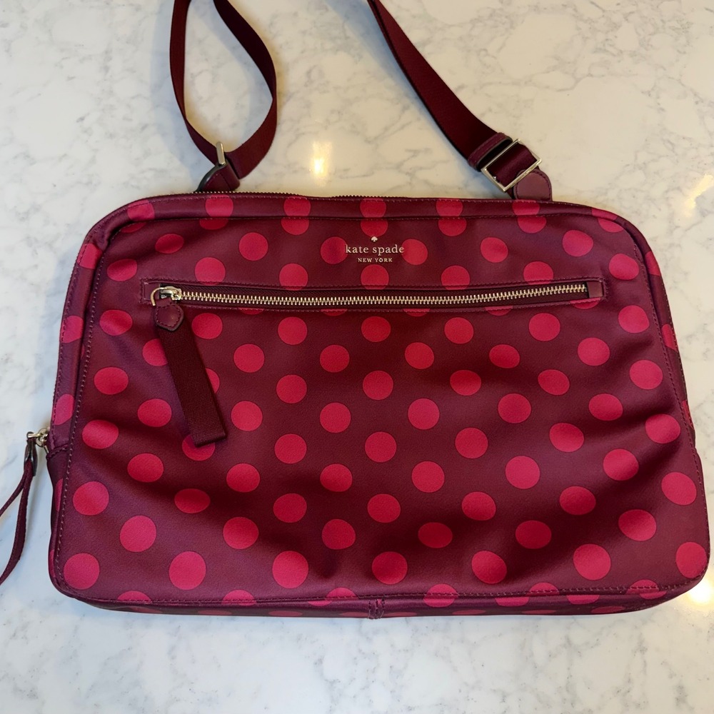 Kate Spade Chelsea Nylon Laptop Sleeve Crossbody Bag Polkal Dot Burgundy Pink
